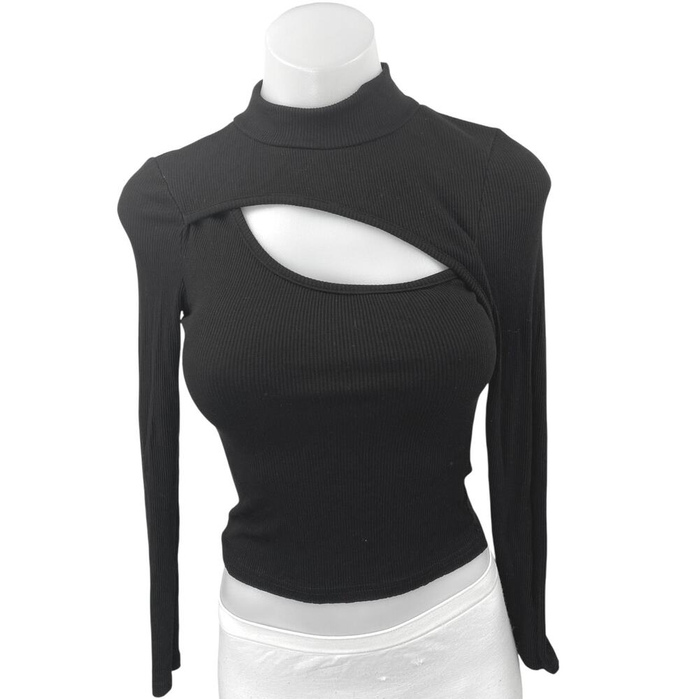 Hello Molly Women's Black Cutout Mock Neck Long Sleeve Crop Shirt Top Size XS